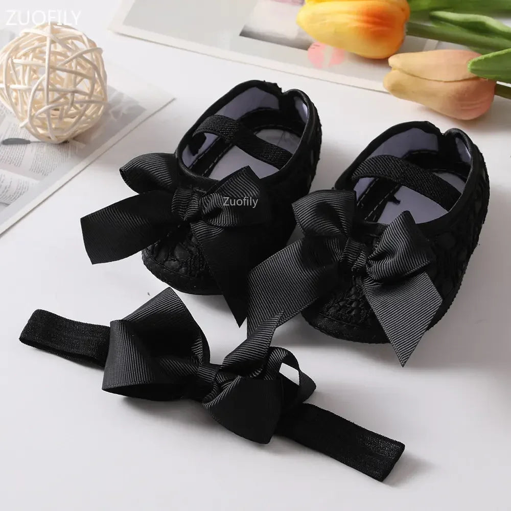Spring Infant Baby Girl Shoes Newborn Lace Flowers Headband Anti-Slip Soft Sole First Walkers Toddler Kids Cotton Baptism Shoes