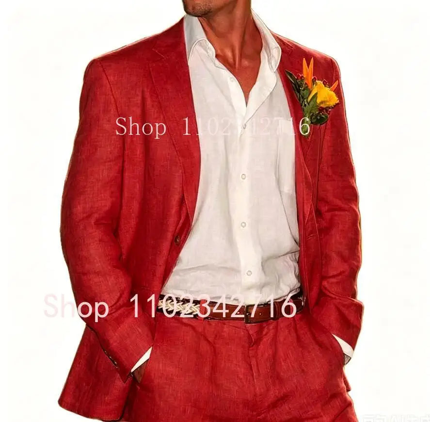 Beige Linen Men Suits 2 Pieces Beach Wedding American Style Jacket with Pants Formal Groom Tuxedos Male Suits (Blazer+Pants)
