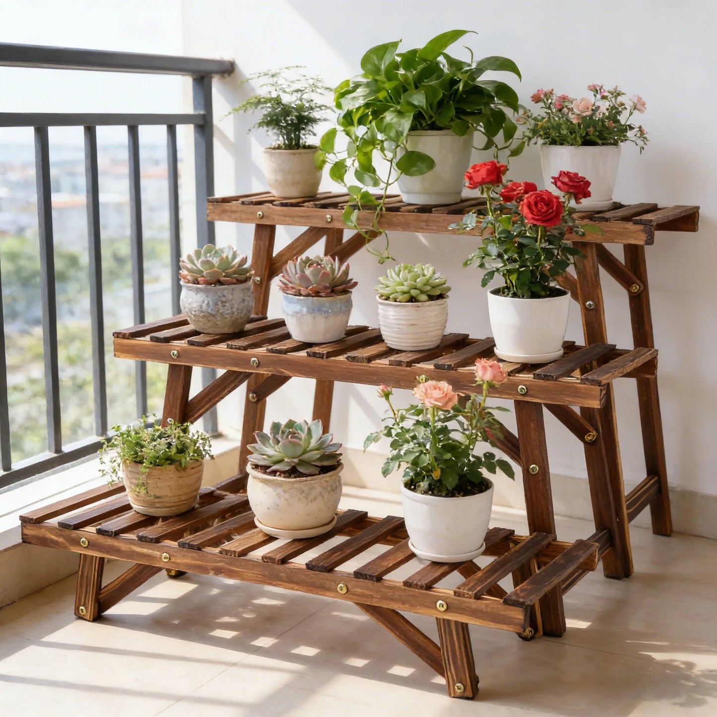 3 Tier Wood Plant Stand Vertical Plant Dislay Shelf In/Ourdoor Plant Rack Balcony Living Room Garden Organizer Plants Holder