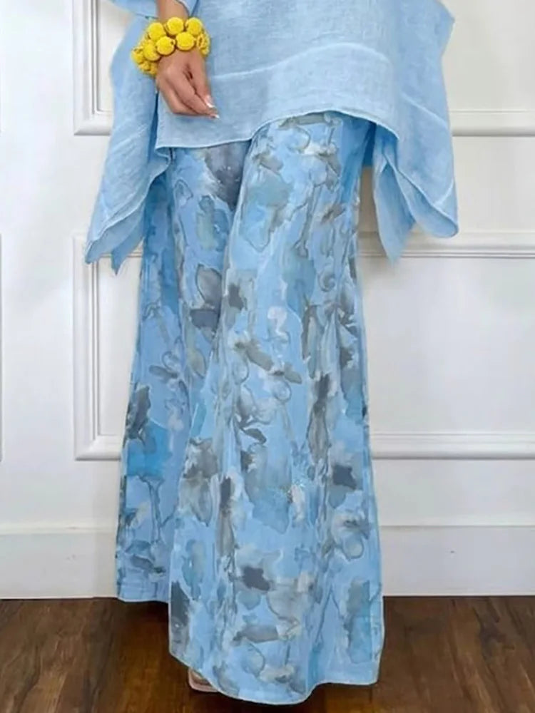 Women Spring Summer O Neck Pullover Irregular Top Wide Leg Pants Two Pieces Set Holiday Print Patchwork Loose Outfit Streetwear