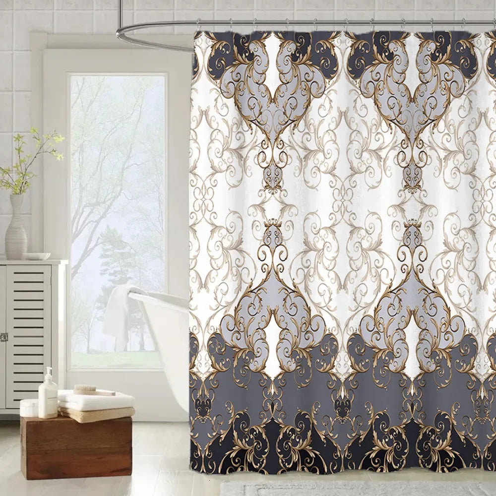 Luxury Red Gold Damask Print Shower Curtain, Waterproof Polyester Bathroom Curtain with Hooks