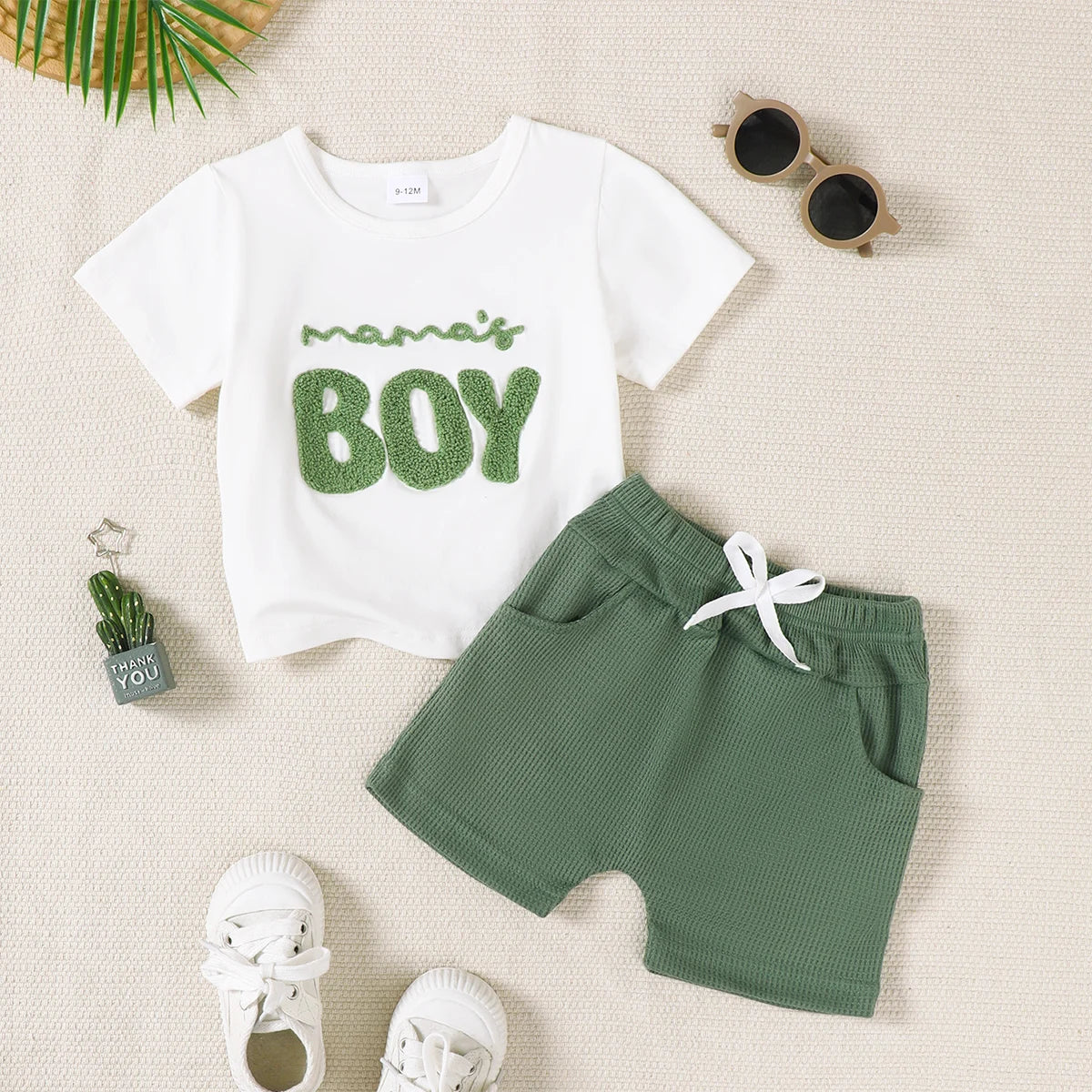 2Pcs Baby Boy Set Mom's Boy Letter Pattern Short Sleeve+Shorts Set Suitable for 0-3 Year Old Boys Summer Sports and Leisure Set