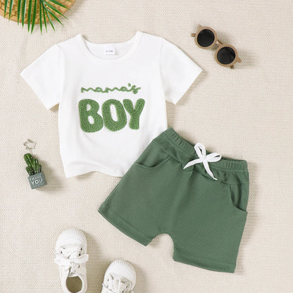 2Pcs Baby Boy Set Mom's Boy Letter Pattern Short Sleeve+Shorts Set Suitable for 0-3 Year Old Boys Summer Sports and Leisure Set
