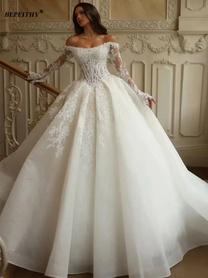 BEPEITHY Customizd Off Shoulder Long Sleeves Princess Wedding Dresses 2026 Ivory Plus Size Crystal Bride Romantic Bridal Gown