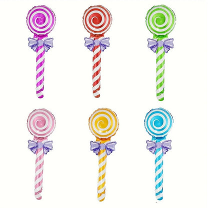 12Pcs Lollipop Foil Balloons with Bow, Swirl Candy Lollipop Handheld Balloon Stick for Candyland Birthday Baby Shower Party Deco