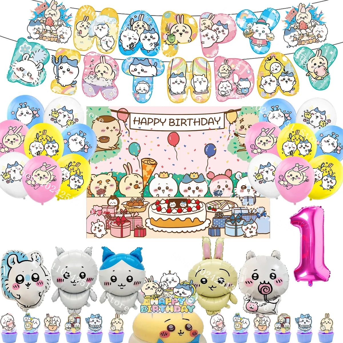 Chiikawa kawaii Happy Birthday Party Decorations Cute plate Banner Cake Topper Flag Balloons Disposable tableware Decorations