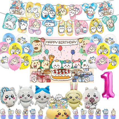 Chiikawa kawaii Happy Birthday Party Decorations Cute plate Banner Cake Topper Flag Balloons Disposable tableware Decorations