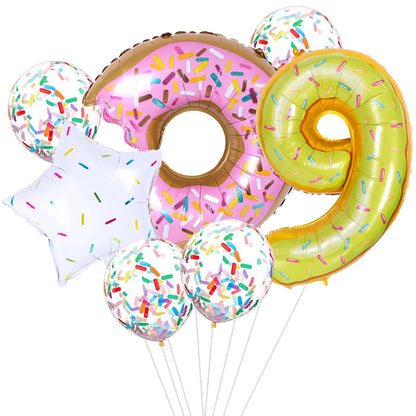 7pcs Donut Number Foil Balloons Set 1st 2nd Girls Birthday Party Decorations Candy Confetti Balloon Baby Shower Wedding Globos