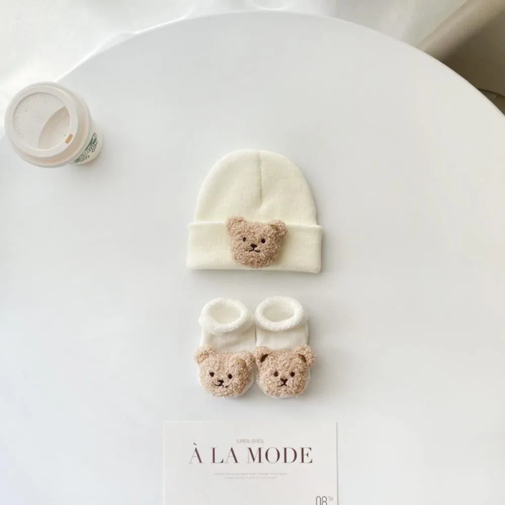 2PCS/Set New Cartoon Baby Hat Socks Cute Animal Woolen Warm Pullover Hats Winter Knitted Beanies Newborn Short Socks Boy Girl