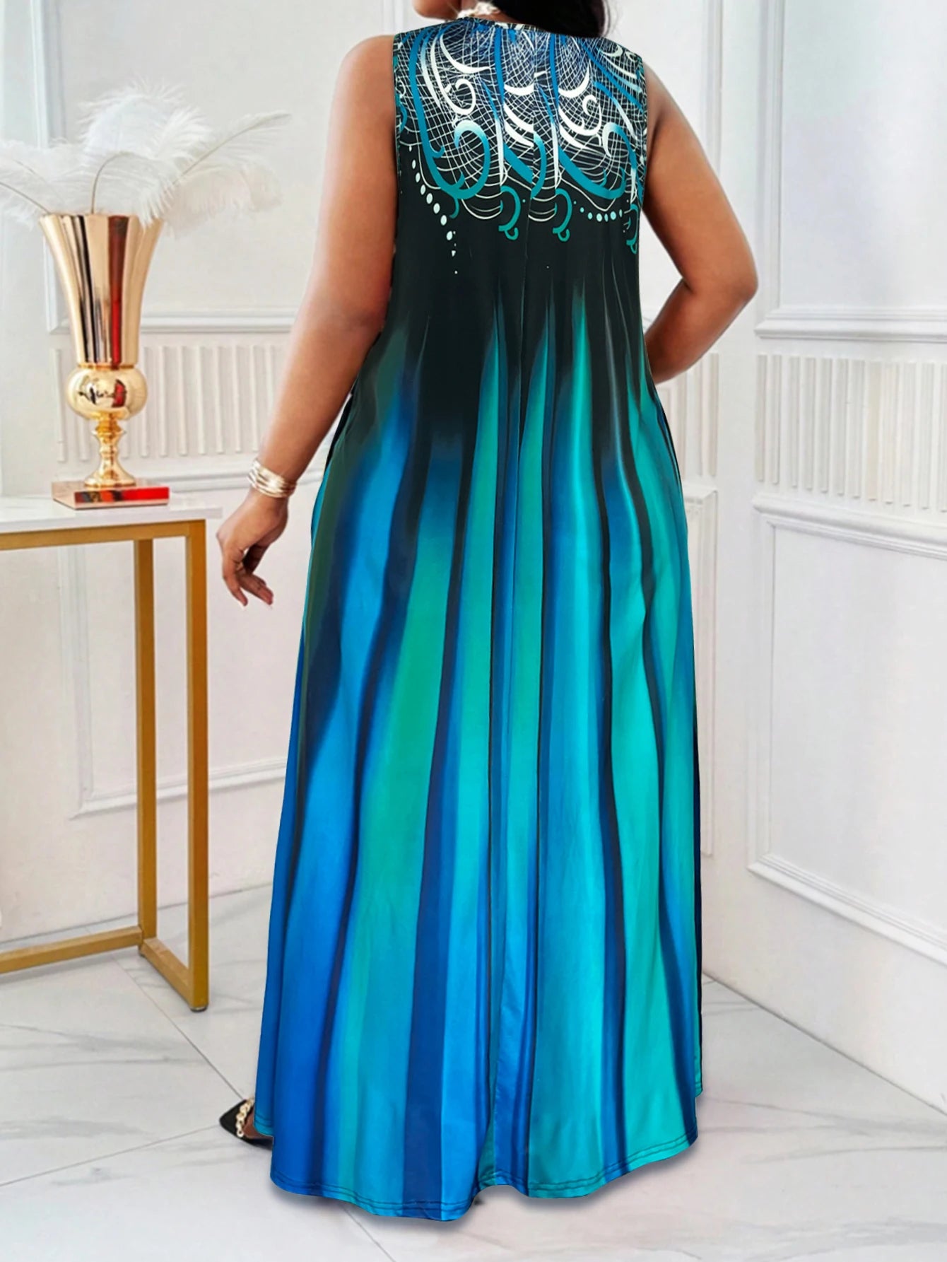 Plus Size Teal Blue Gradient Print Maxi Dress Summer Casual Round Neck Sleeveless Loose Long Sundress With Pocket