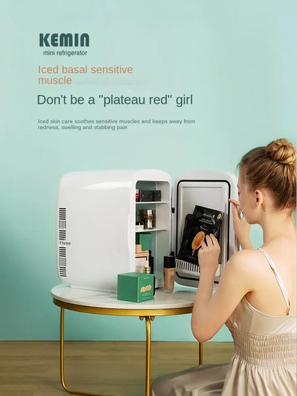 Mini refrigerator for storing facial masks, facial creams and cosmetics. Beauty refrigeration for skin care cosmetics.