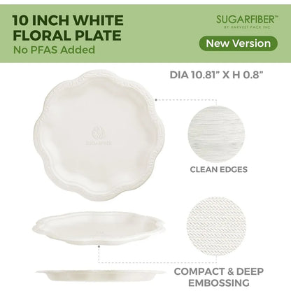 10 inch Compostable Paper Plates White Floral Acanthus Scalloped Disposable Dinnerware