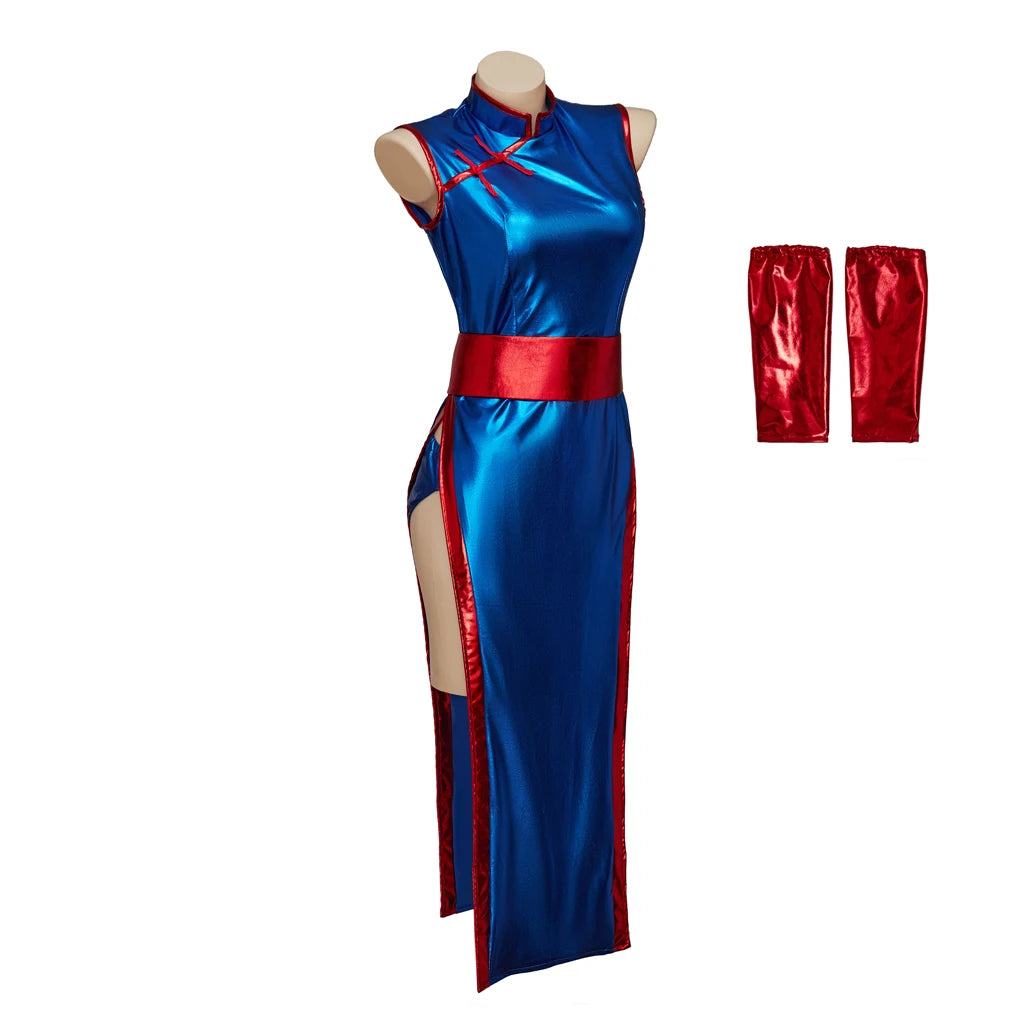 Anime Chichi Cosplay Costume High Split Cheongsam Woman's Sexy Blue Battle Suit Halloween Party KongFu Dress