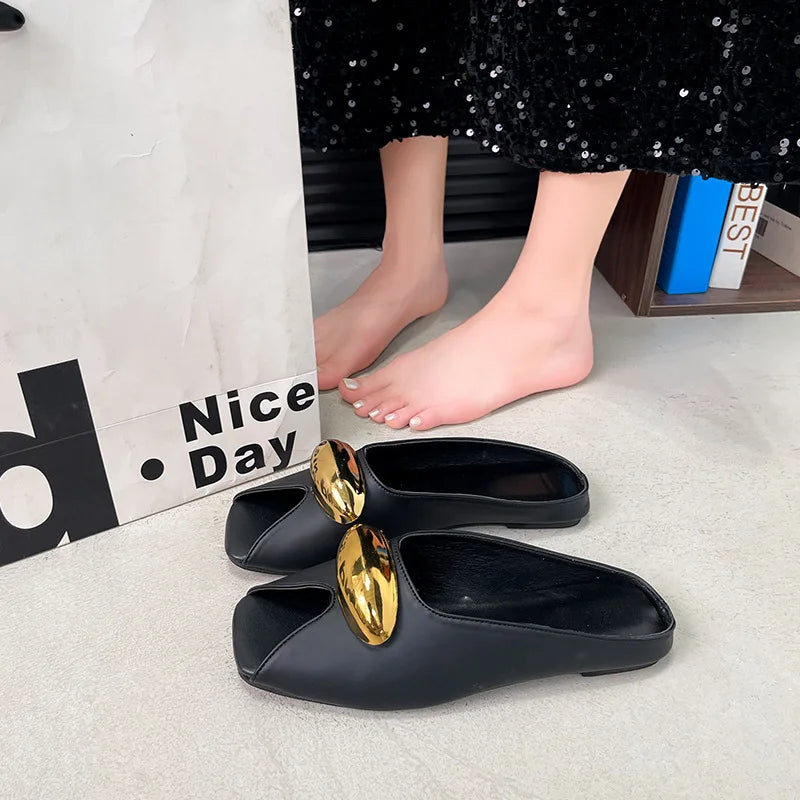 2026 new elegant temperament metal buckle fish mouth slippers fashionable flat shoes PU slippers