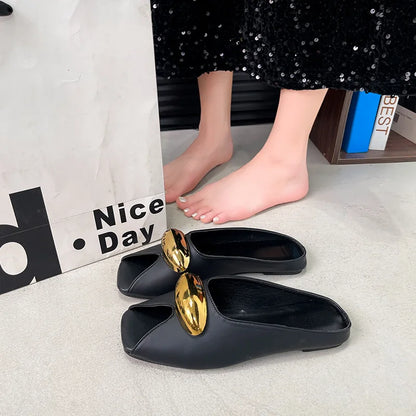 2026 new elegant temperament metal buckle fish mouth slippers fashionable flat shoes PU slippers