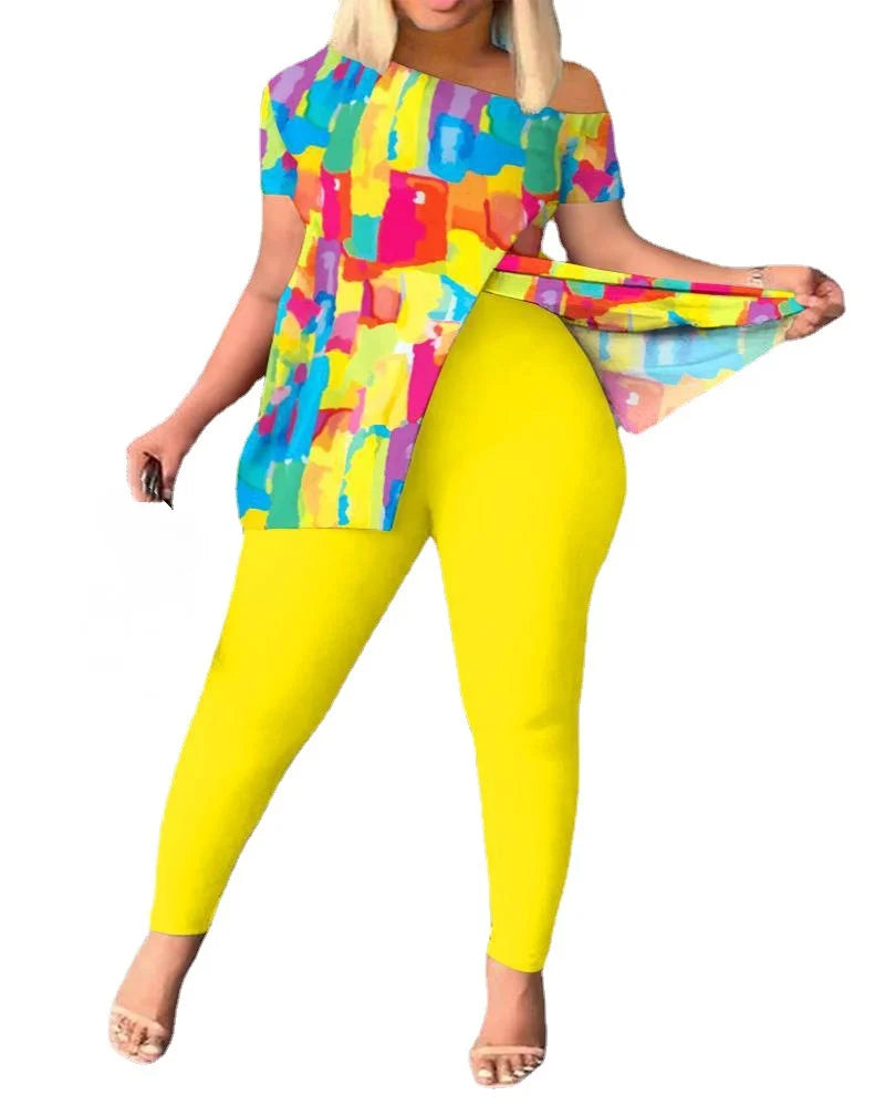 Two Piece Sets Women Outifits 2023 Spring Fashion Geometric Print Slant Neck Short Sleeve Hem Slit Top & Casual Skinny Pants Set