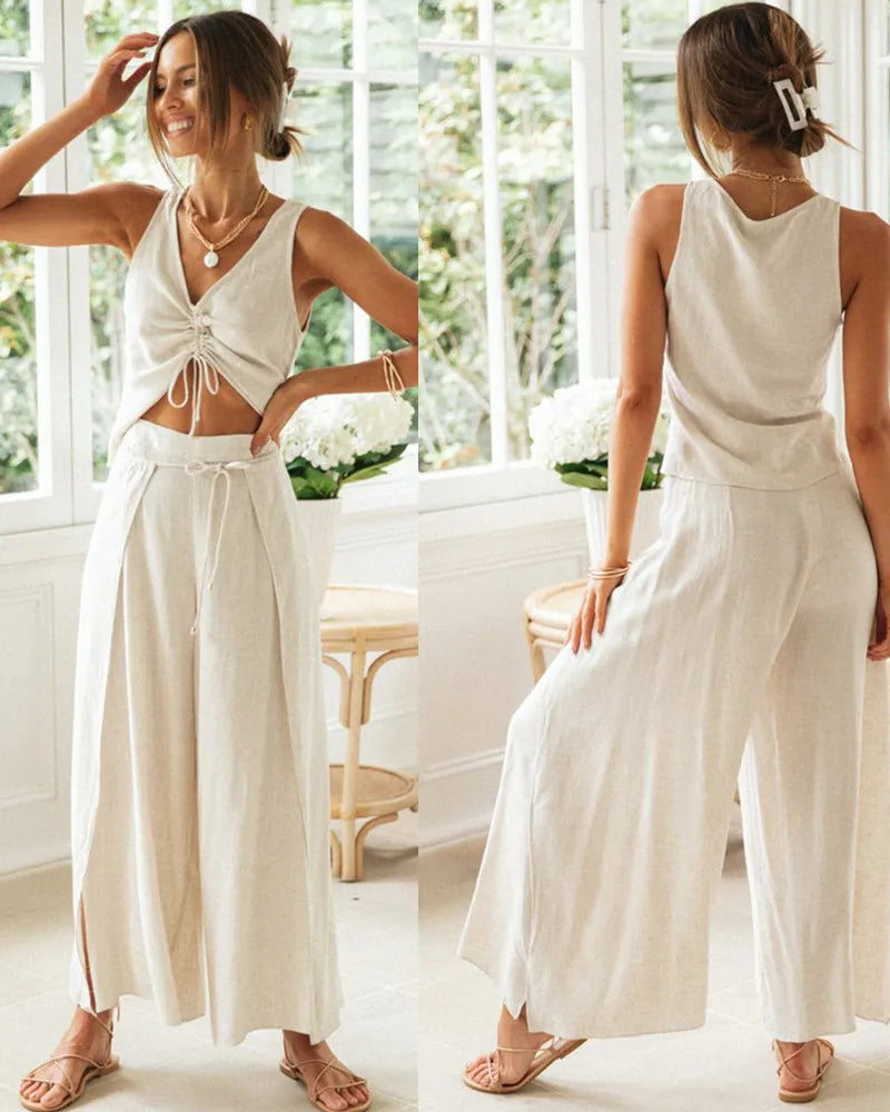 Summer Casual Shirt Sets New Women's Fashion Solid Color Drawstring Short-sleeved Tops Wide-leg Slit Trousers Two-piece Set Suit