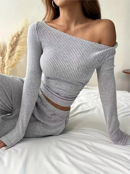 Fashion Knitted One-shoulder T-shirt Long-sleeved Women Trousers 2 Piece Set Autumn Casual Navel-baring Tops Home Wear Set Woman