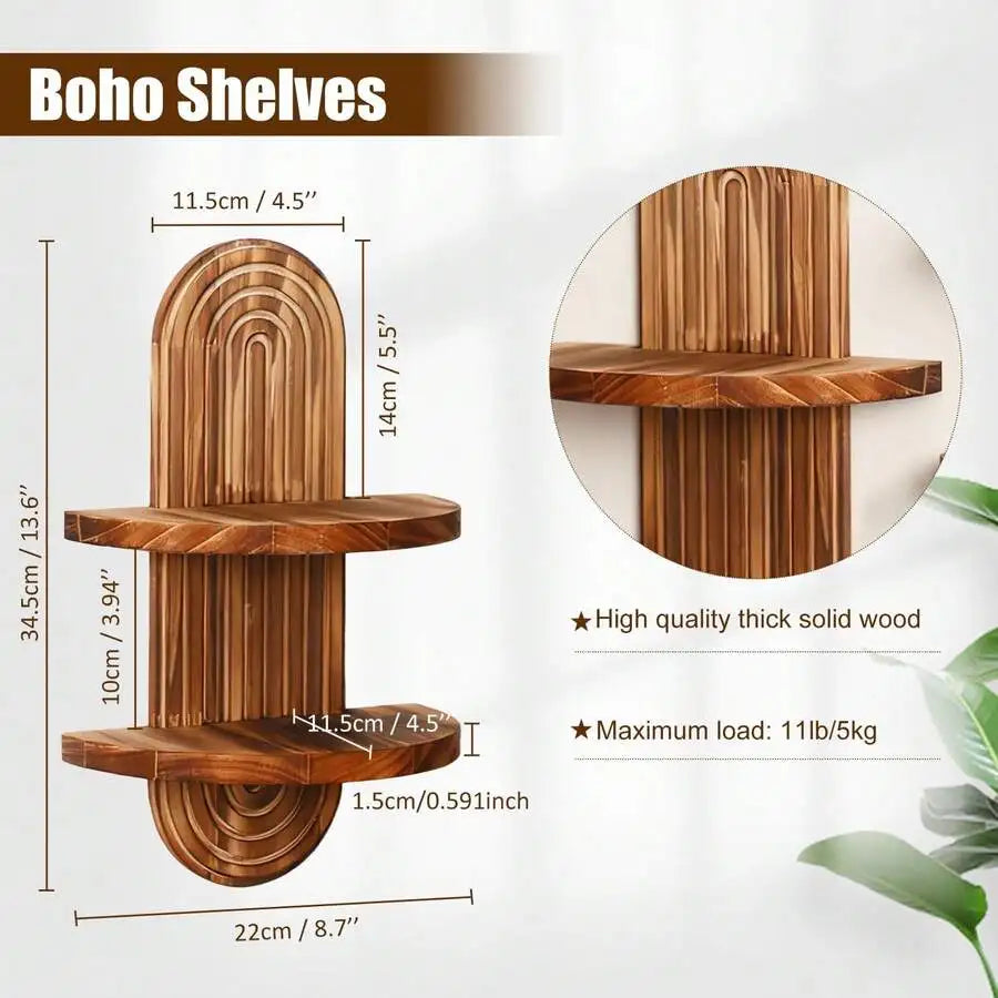 1pcs Shelf Wall Decor Boho Wood Floating Shelves 2 Tier Plant Holder Trinket Storage Rack Rainbow Hanging Decor For Home Bedro