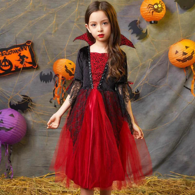 Kids Girls Vampire Devil Cosplay Dress Complete Set with Accessories Halloween Theme Party Costume Holiday Gift for Girls