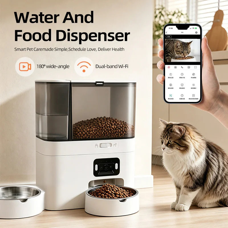 Pet Food and Water Dispenser 5L+3L Tuya APP Camera Automatic Cat Feeder Smart Pet Feeder for Cats Dogs Stainless Steel Bowl