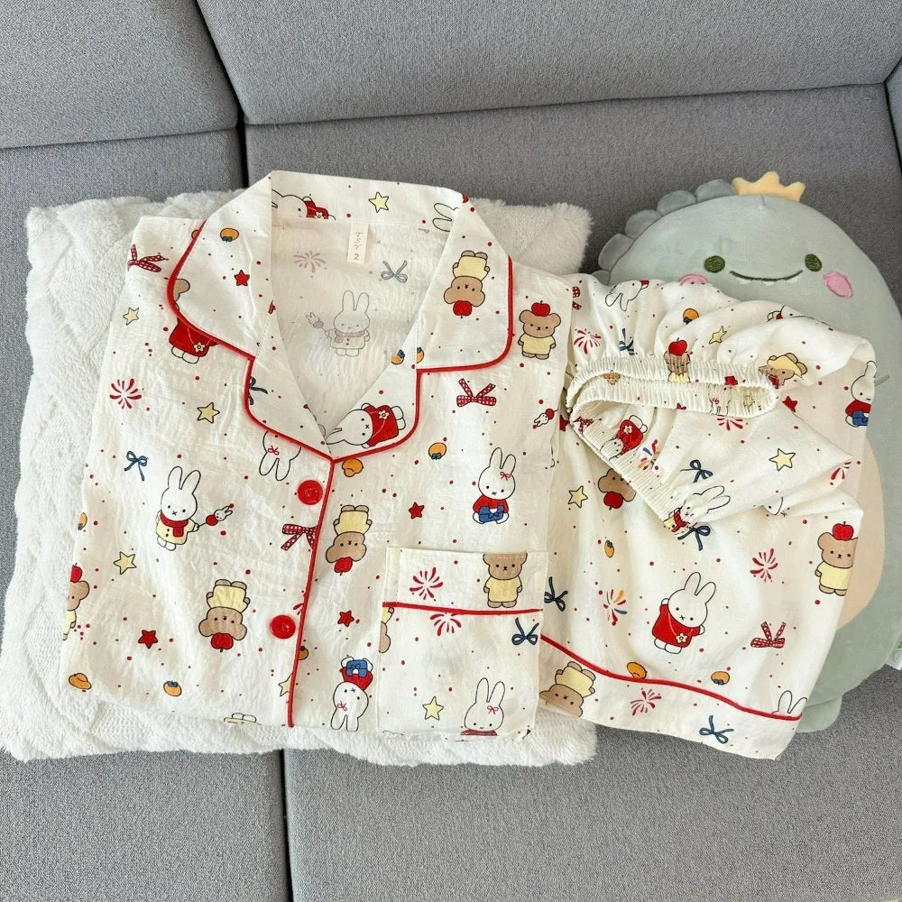 Cute Miffy Women Summer Pajamas Set Short Sleeve Shorts Comfortable Loose Soft Breathable Casual Homewear Loungewear Sleepwear