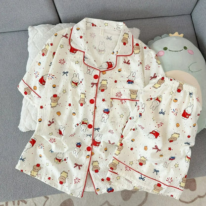Women's Bunny & Bear Print Pajama Set | Button-Front Shirt & Shorts | Sleepwear & Lounging