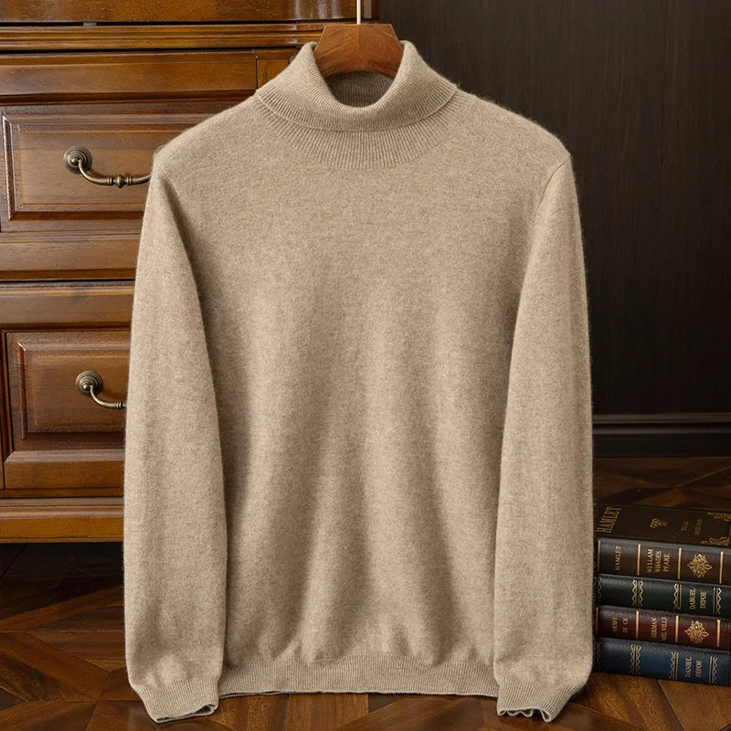 100% cashmere men's pullover business casual solid knitted sweater loose Pull Turtleneck Tops basic Turn down collar Jumper
