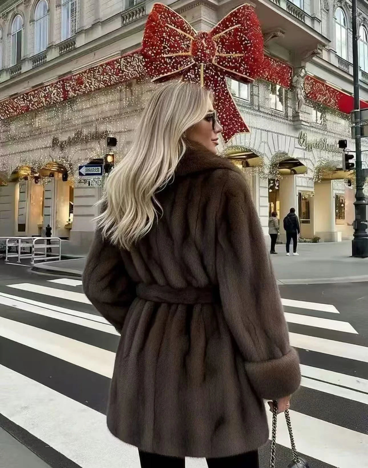 2026 Autumn Winter Women Faux Mink Fur Coat Wrap Lapel Collar Belted Mid Length Jacket Brown