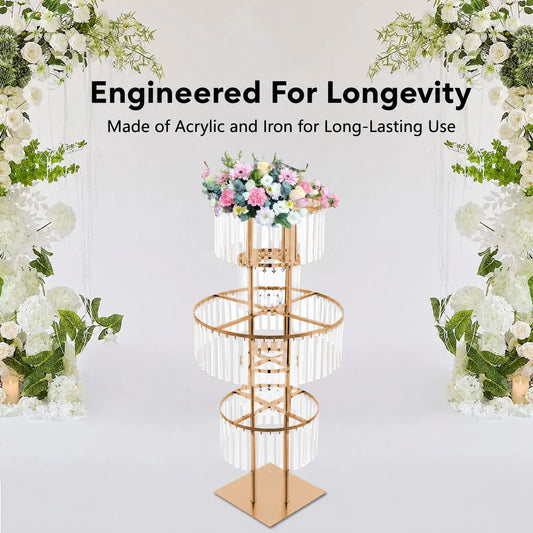 5 Tiers Gold/Silver Wedding Centerpieces Flower Stand Vase Centerpiece Acrylic Flower Stand with Hanging Acrylic