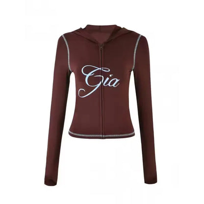 gia slim fit letter printed open thread design hooded zipper short jacket pants set