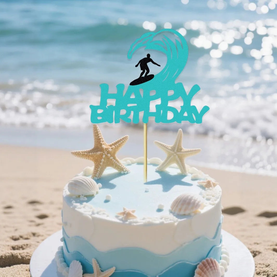 Cake Topper Happy Birthday Surf Riding Kids Man Surfing Sports Them Cupcake Topper Dessert Decoration Party Baking Supplies