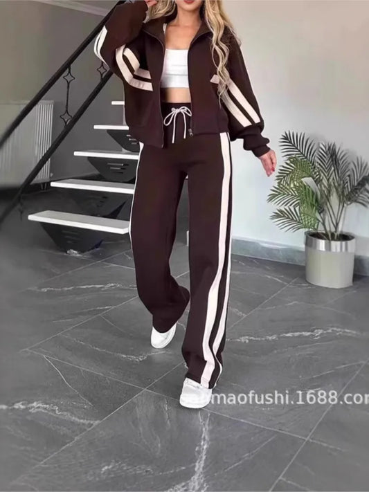 Striped Zipper Coat+sweatpants Two Piece Set Women Casual Batwing Sleeve Sports Jacket Outfits Autumn Winter Sweatshirt Suit Y2K