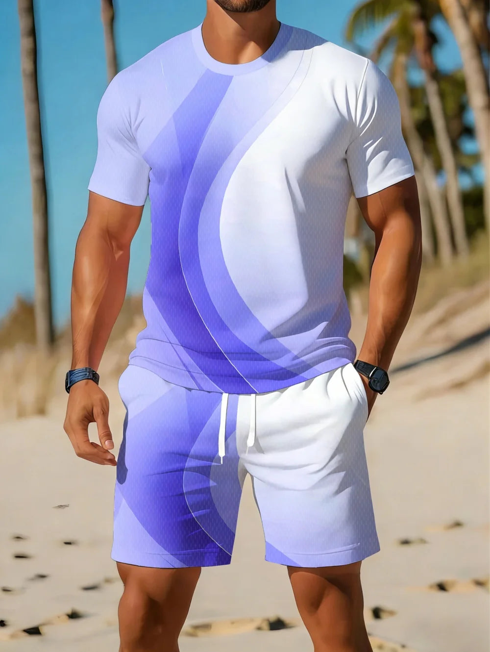 Men's Classic Stripe Printed T-Shirt Shorts Set Plus Size Short Sleeve T-Shirt and Drawstring Shorts Summer Casual Two Piece Set