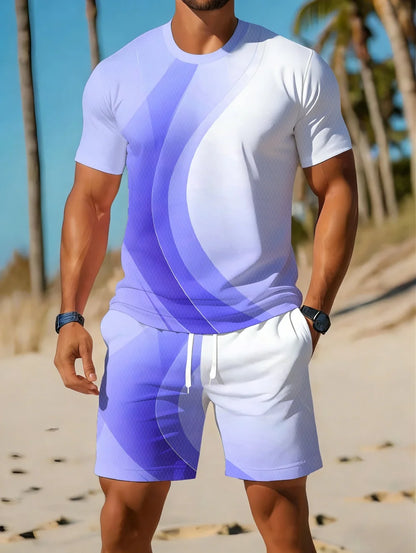 Men's Classic Stripe Printed T-Shirt Shorts Set Plus Size Short Sleeve T-Shirt and Drawstring Shorts Summer Casual Two Piece Set