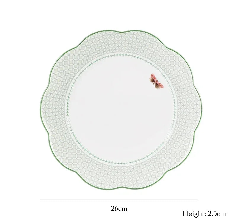 Ceramic Plate Household Bone China Dinner Plate Set Vintage Green Flower Dishes Tableware Oval Large Tray Dinnerware Sets