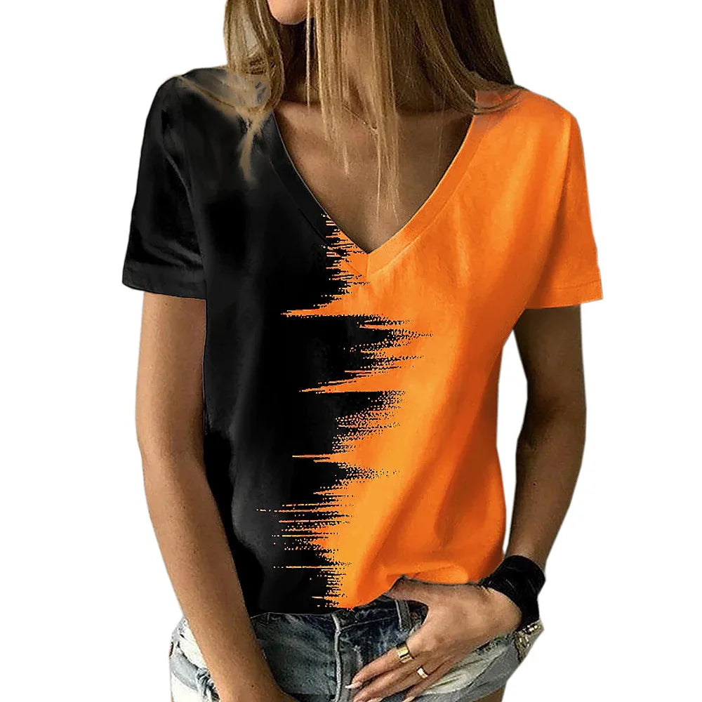 New women's V-neck T-shirt, black and white, suitable for document subscribers, 3D printing, vacation