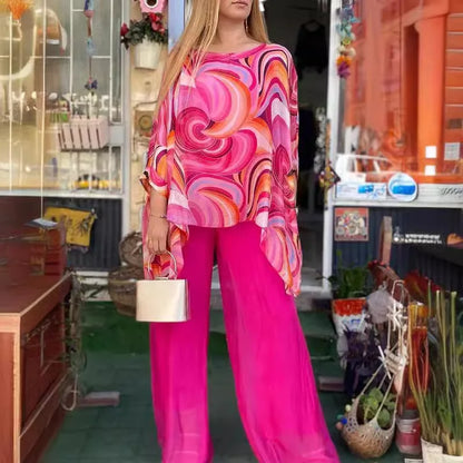 Women Fashion Trousers Two Piece Set For Women 2026 Summer Loose Casual Print Blouse Elegant 2 Piece Sets Woman Tops+Pants Suit