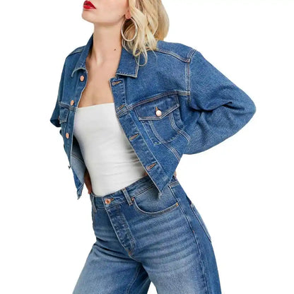 Women Casual Denim Jacket Light Wash Button Detail Spring Autumn Versatile Streetwear Outerwear