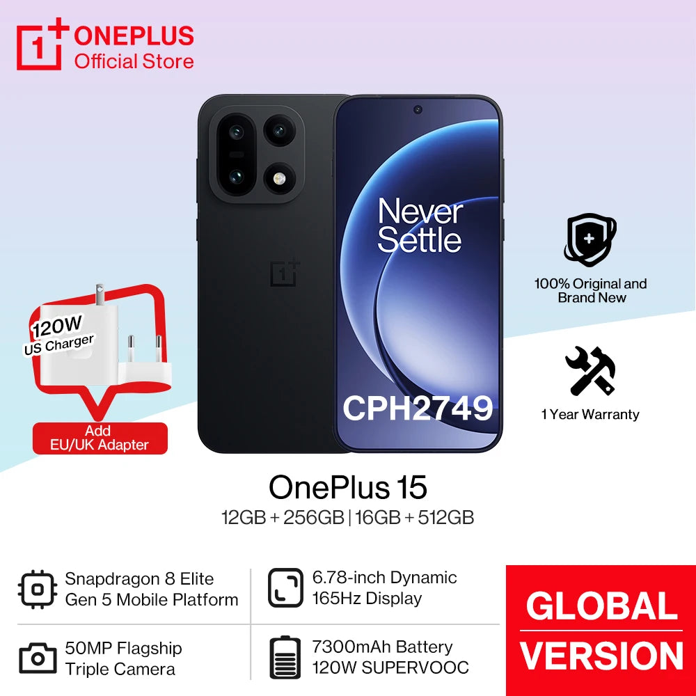 Original OnePlus 15 US Global Version CPH2749 Smartphone Snapdragon 8 Elite Gen 5 7300mAh Battery 120W SUPERVOOC Charge