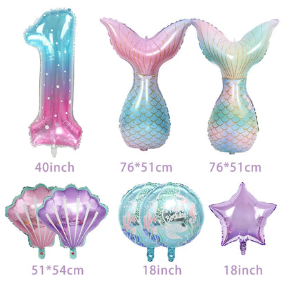 8pcs Mermaid Balloons set Shell Mermaid Foil Balloons 32inch Number Balloon 1-9 for Kids Girls 1-9th Birthday Party Decoration