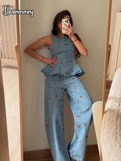 Denim Printed Sleeveless Pants  2-piece Set Women's Elegant Round Neck Fashion Short Shirt Long Pants Suit 2026 Street Outfit