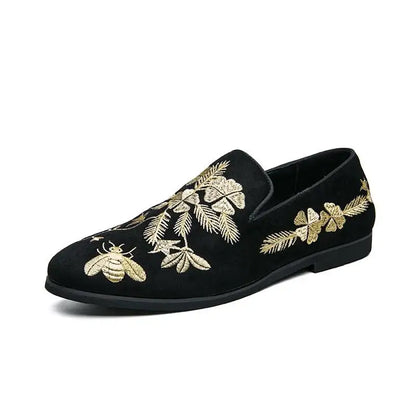 2026 New Loafers Men Fashion Black Imitation Suede Gold Embroidery Flower Business Casual Shoes Sapatos Para Hombre