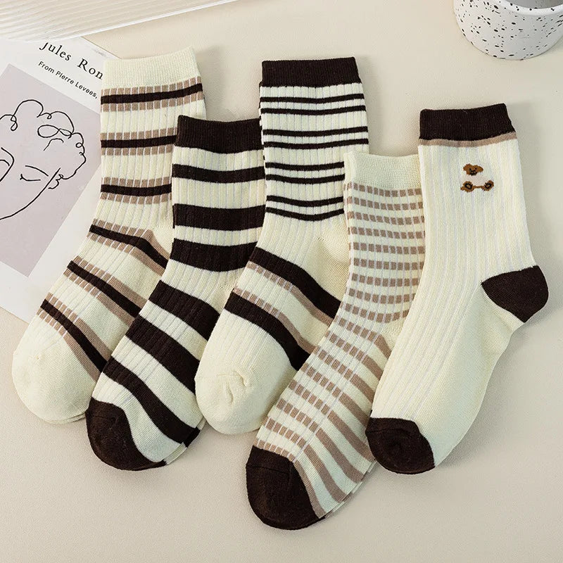 5 Pairs Women Fruit Print Socks Set Cute Casual Korean Fashion Kawaii Japanese Style Pumpkin Strawberry Banana Peach Avocado Sox