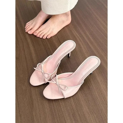 Satin Butterfly-knot Women Slippers Fashion Polka Dot Party Dress Slides Thin High Heel Ladies Elegant Slides Pump