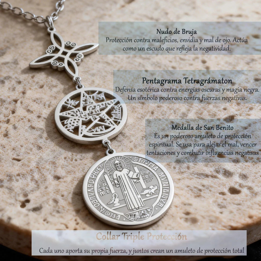 Triple Protection Necklace With Witch Knot Pentagram Tetragrammaton St. Benedict Stainless Steel Spiritual Symbol Amulet Jewerly