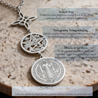 Triple Protection Necklace With Witch Knot Pentagram Tetragrammaton St. Benedict Stainless Steel Spiritual Symbol Amulet Jewerly