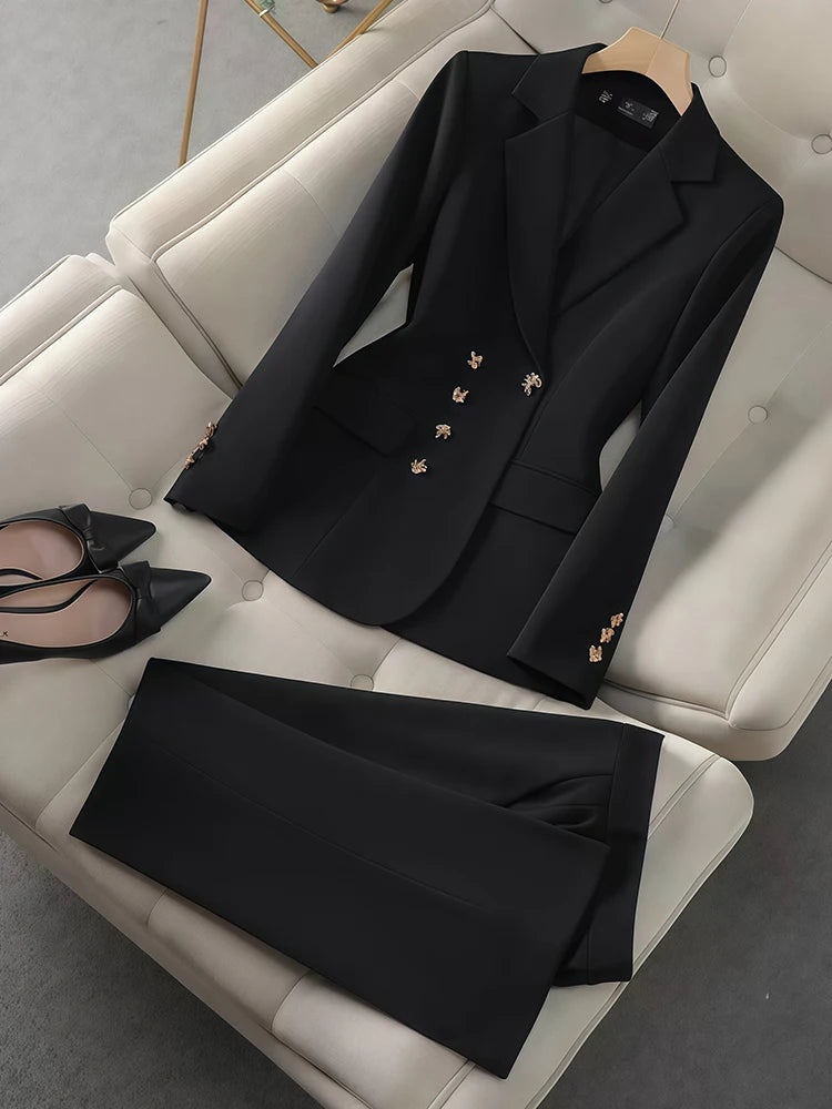 2Pcs Women's Temperament Set Long Sleeved Suit Casual Pants Fashion Slim Work Clothes For Business Commuting Work Events