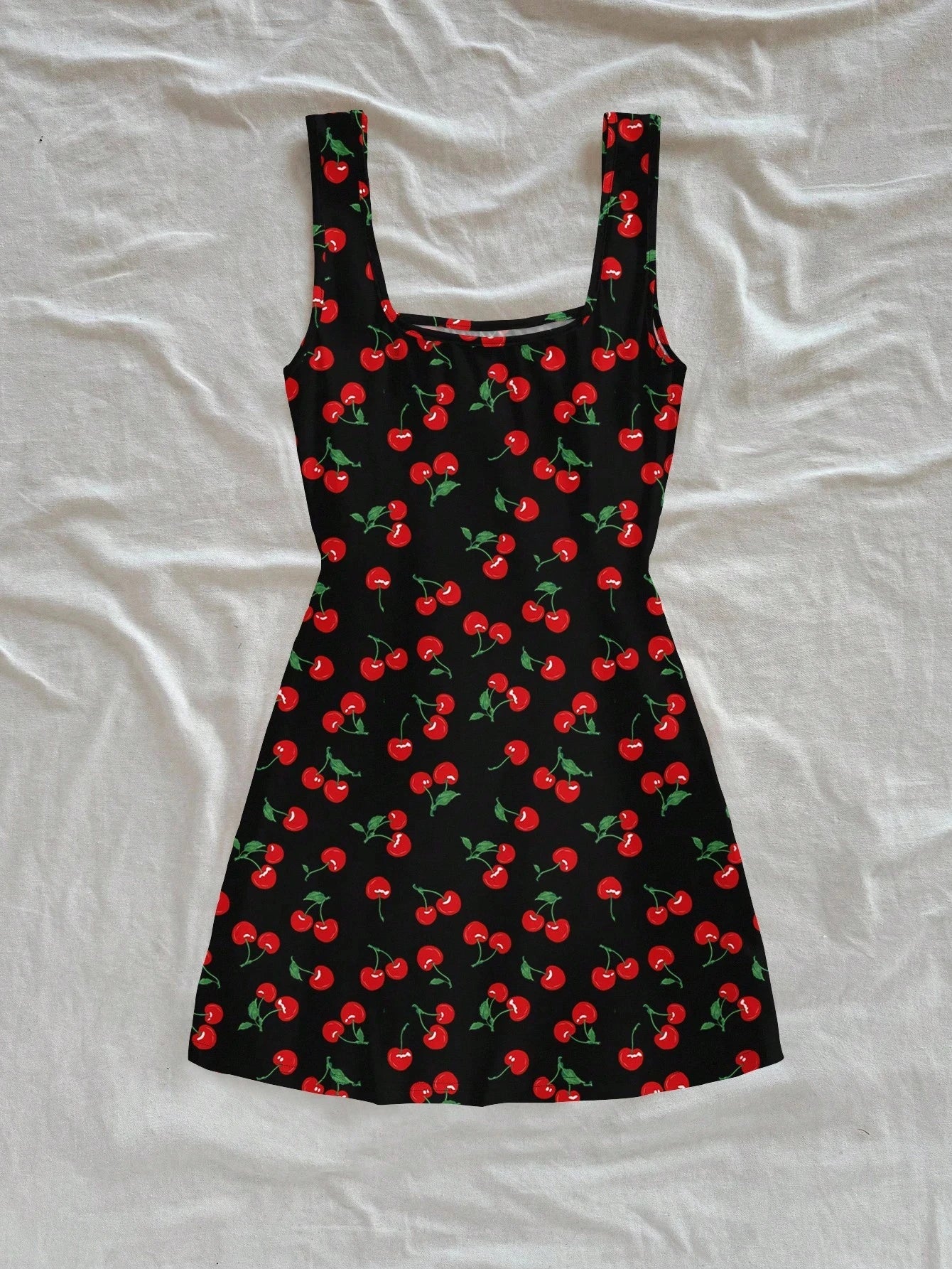 Women's Sexy Vacation Style U-Neck Cherry Print Open Back Side Slit Mini Dress for Spring/Summer