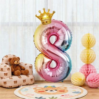 32Inch Gradient Number Crown Balloons 1-9 Digit Foil Helium Balloon Baby Shower Kids And Children's Birthday Party Decoration